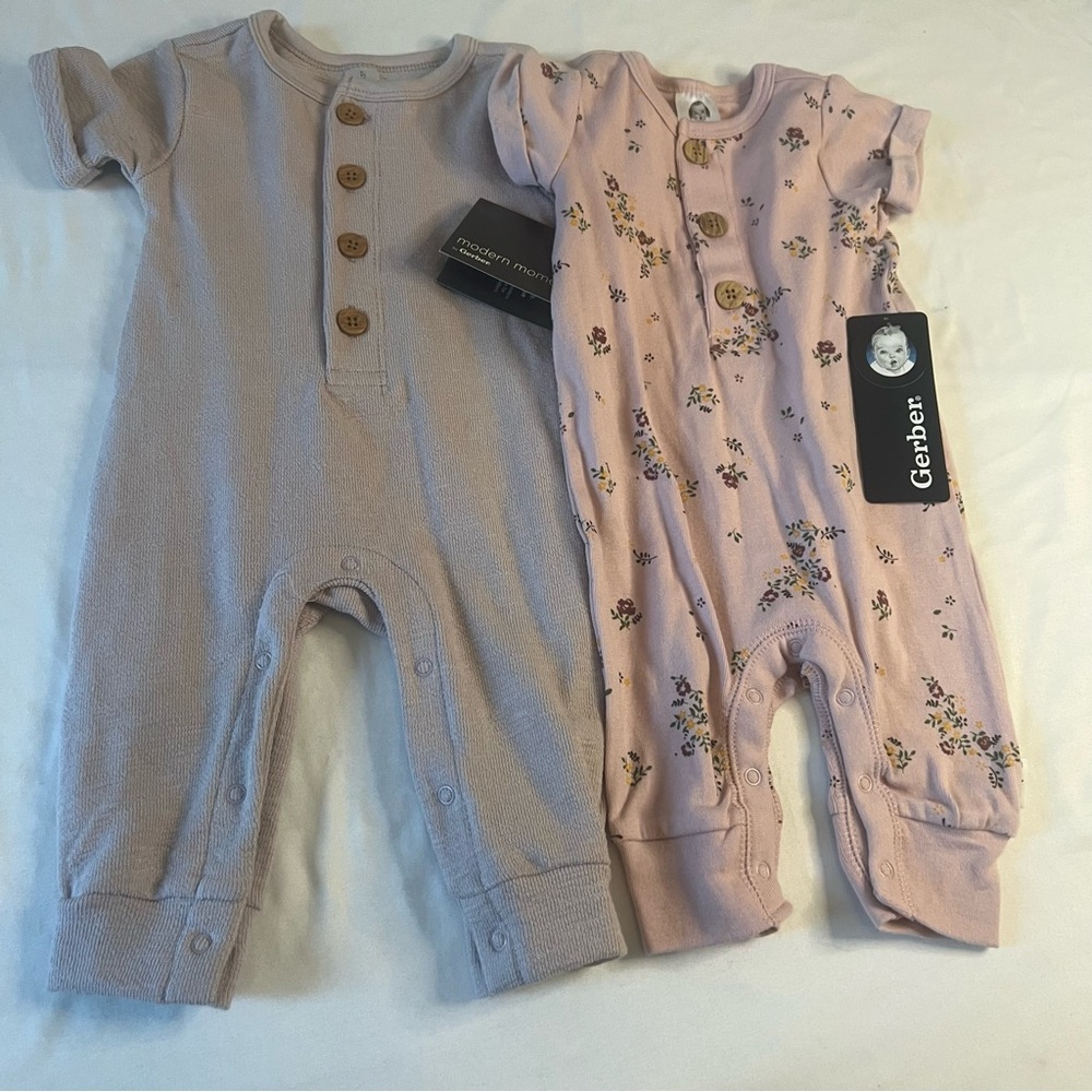 Gerber Modern Moments 2 Pc Romper Set 0-3M Pink Floral Ribbed Baby Girl NWT